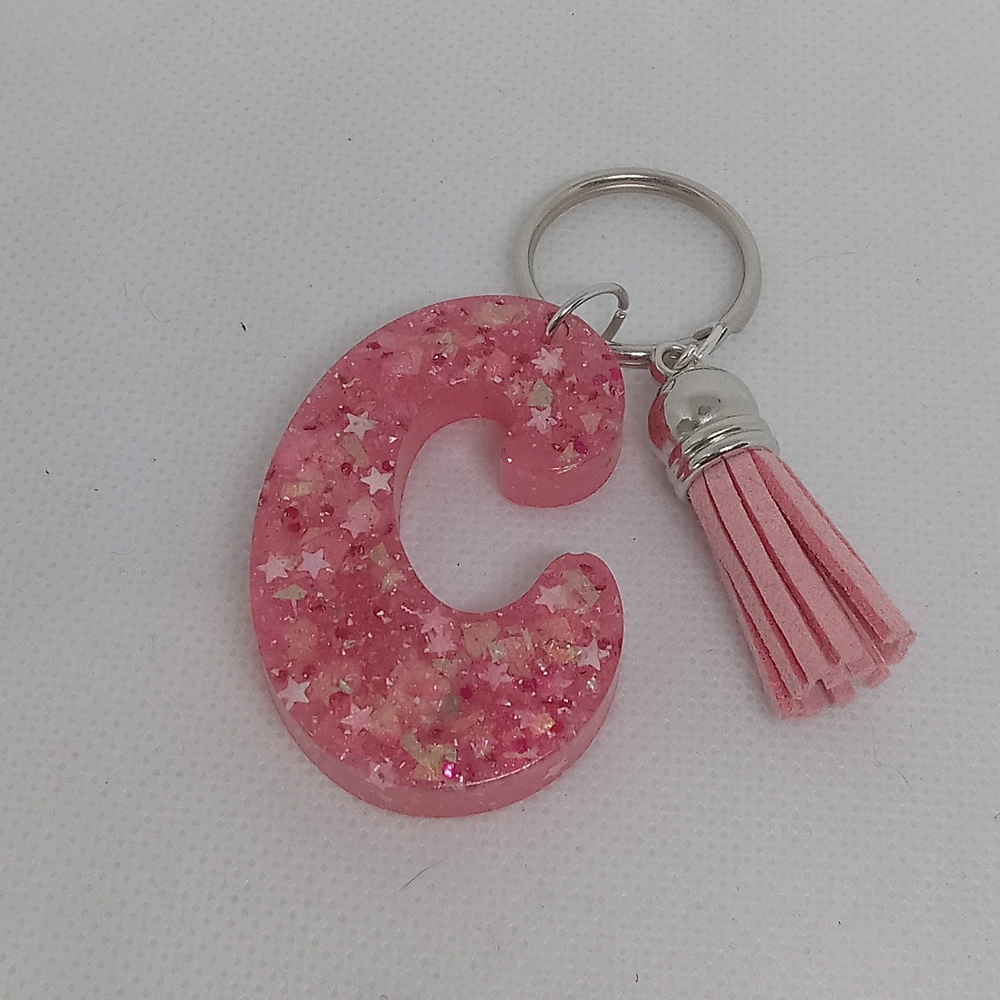 Pink Glitter Letter C Keychain with Tassel